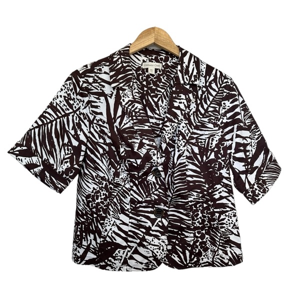 Coldwater Creek NEW Palm Print Jacket Short Sleeve Brown White 2 Button Size 14 - Picture 7 of 14